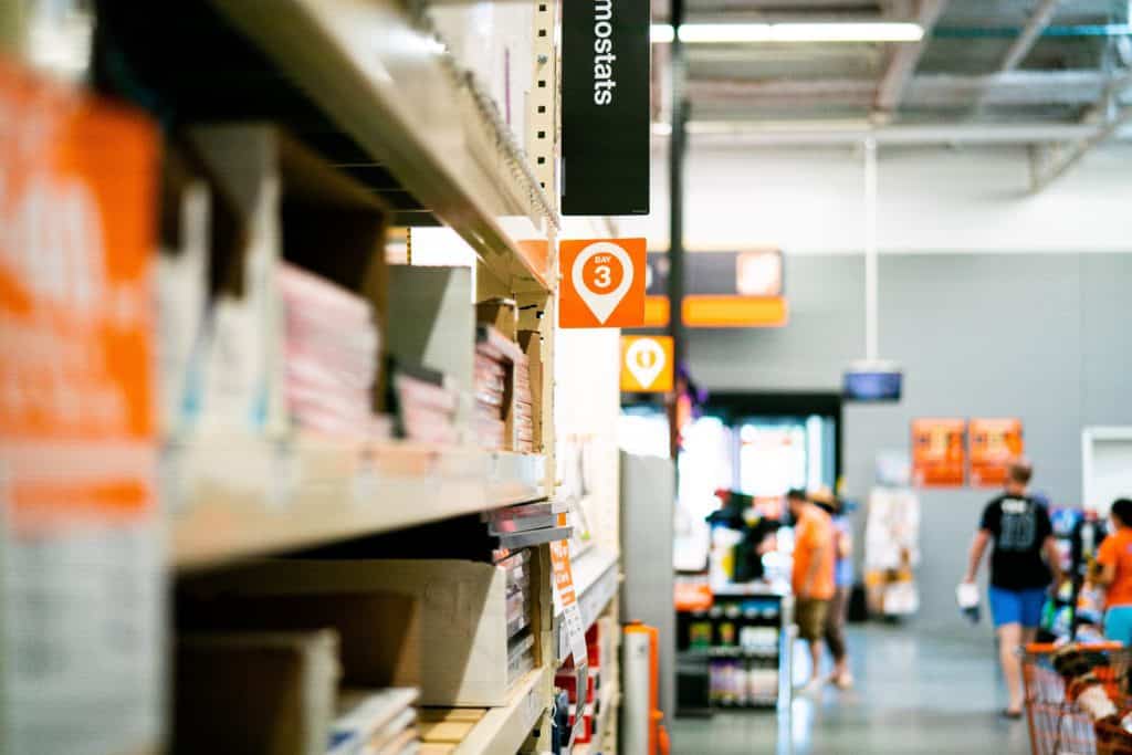 Blurred interior of home improvement retailer store